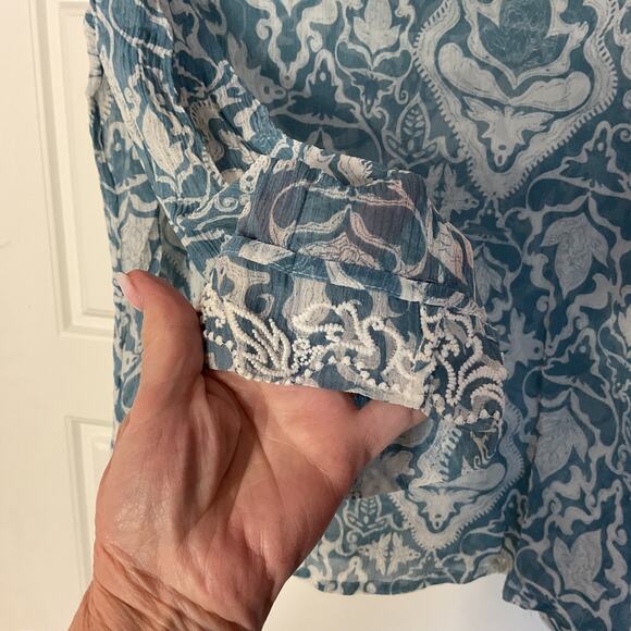 Chico's Blue Floral Longsleeve Semi Sheer Silk Embroidered Boho Peasant Top 2 - Picture 3 of 11